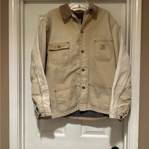 Vtg Carhartt C01 Beige Blanket Lined Duck Chore Coat Sz 50 Tall Union Made USA